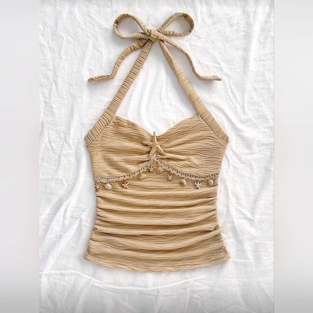 Soleia Tie Strap Starfish Shell Decor V-Neck Metal Buckle Knit Textured Halter - Picture 7 of 7